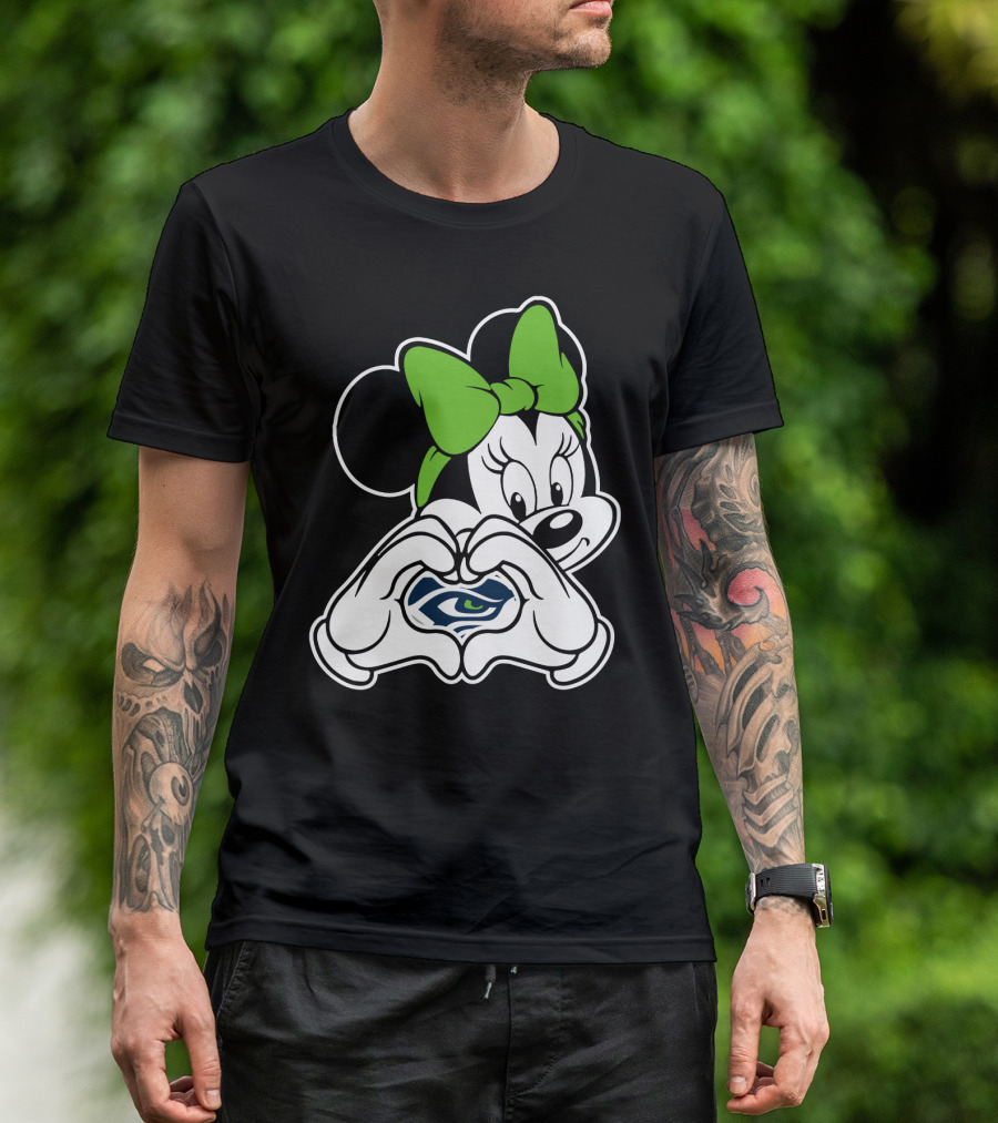 Seattle Seahawks Minnie Mouse Heart Hands Green Bow T-Shirt