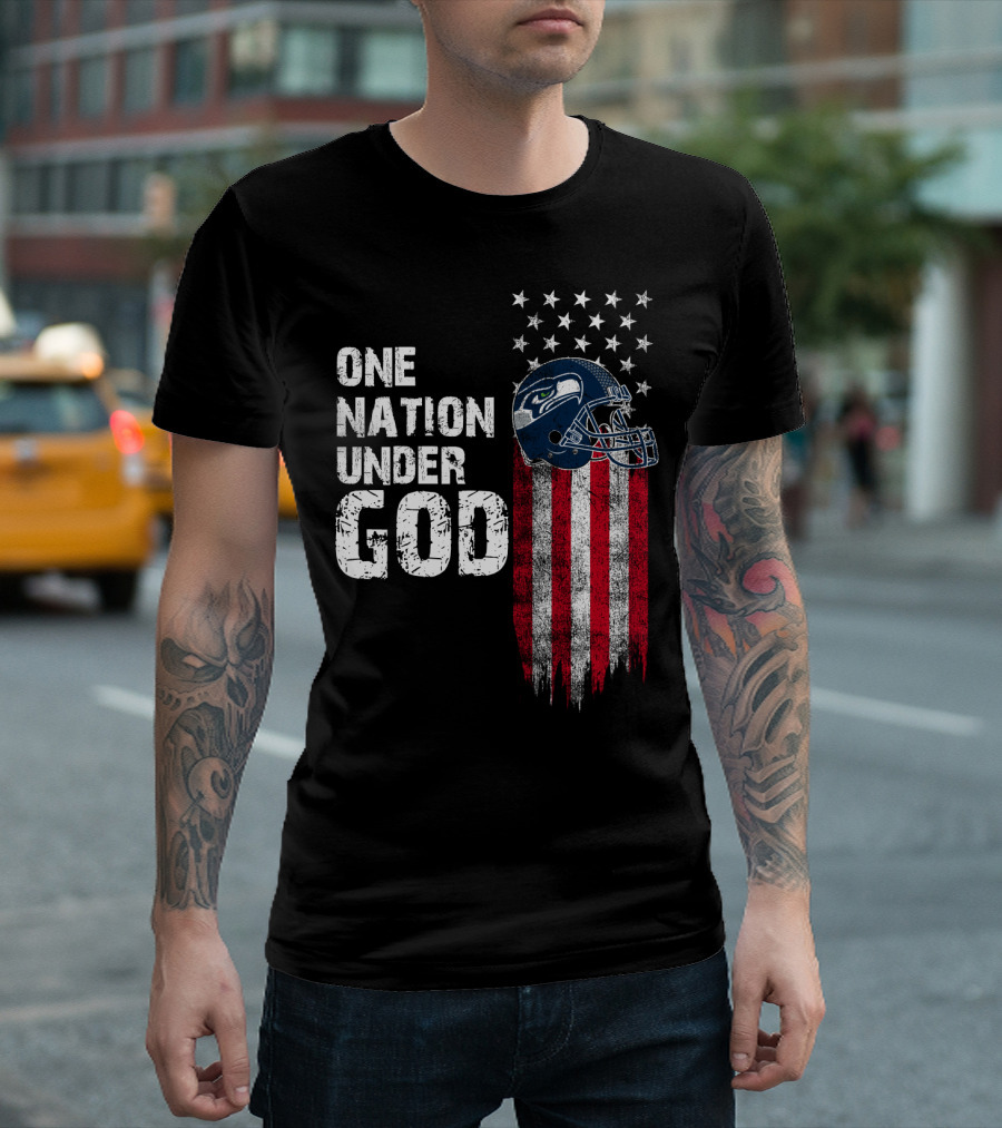 One Nation Under God Seattle Seahawks American Flag Football Helmet T-Shirt