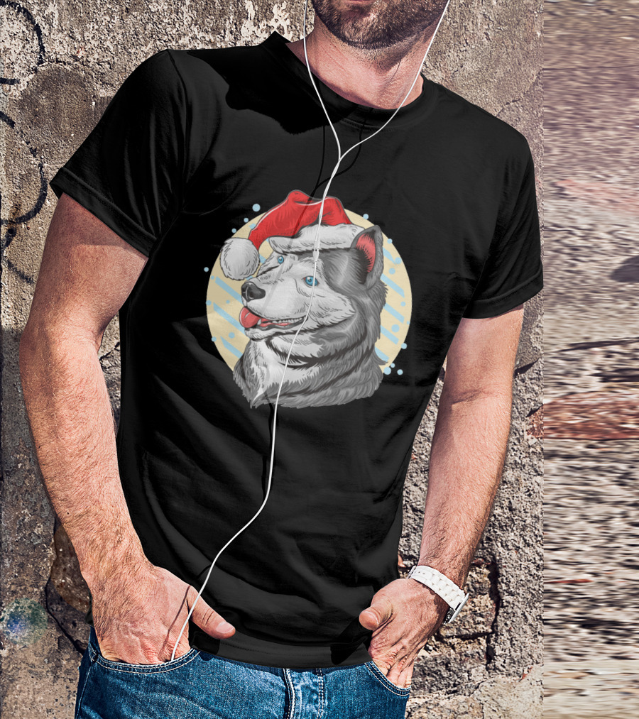 Christmas Santa Claus Husky Dog With Red Hat T-Shirt