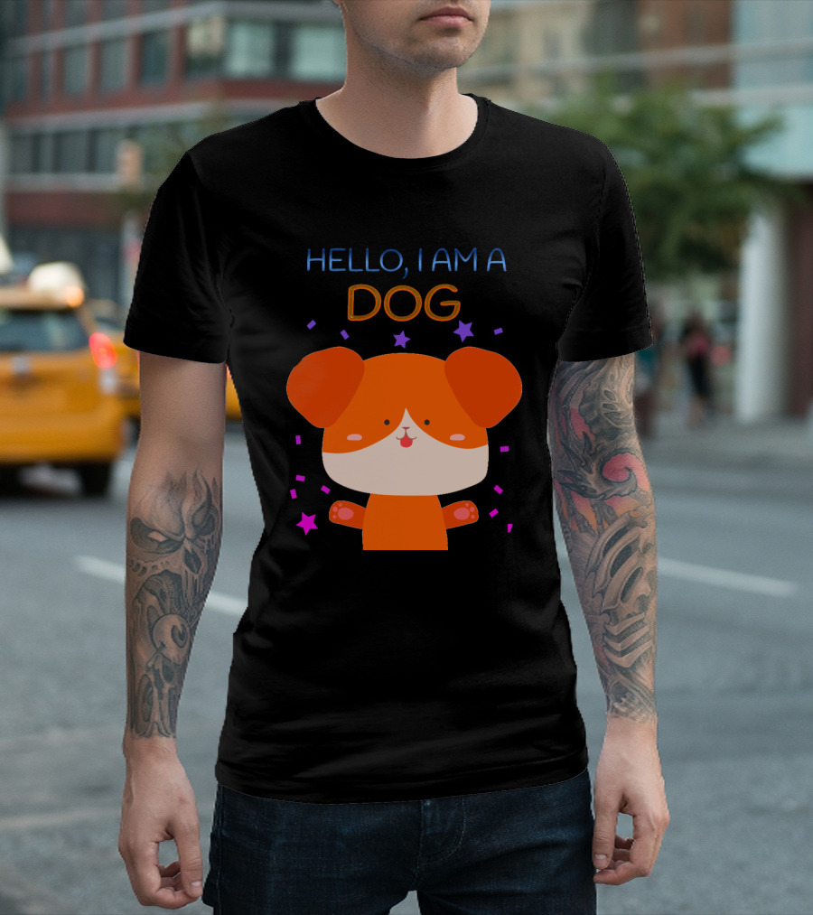 Hello I Am A Dog Cartoon With Colorful Confetti And Stars T-Shirt