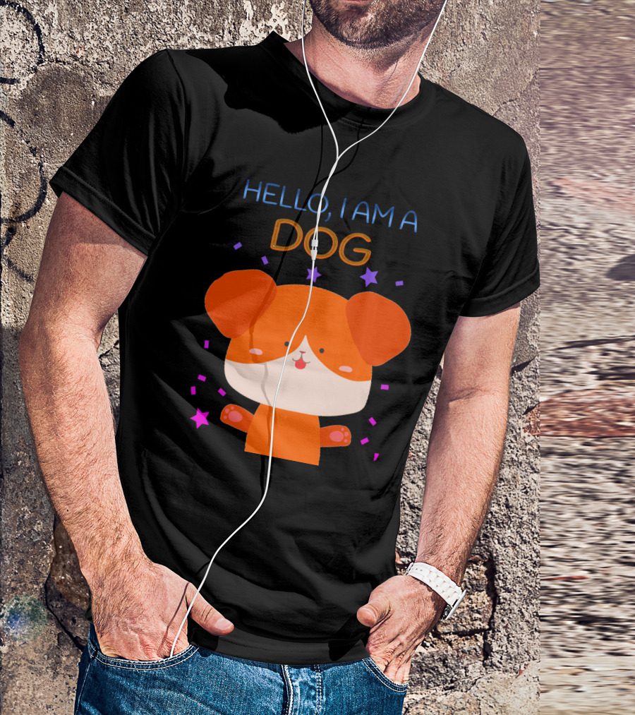 Hello I Am A Dog Cartoon With Colorful Confetti And Stars T-Shirt