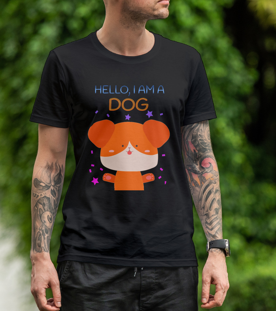 Hello I Am A Dog Cartoon With Colorful Confetti And Stars T-Shirt