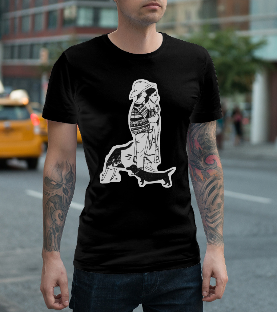 Pablo Picasso and His Dog Lump Sketch with Striped Sweater Man and Woman in Hat T-Shirt