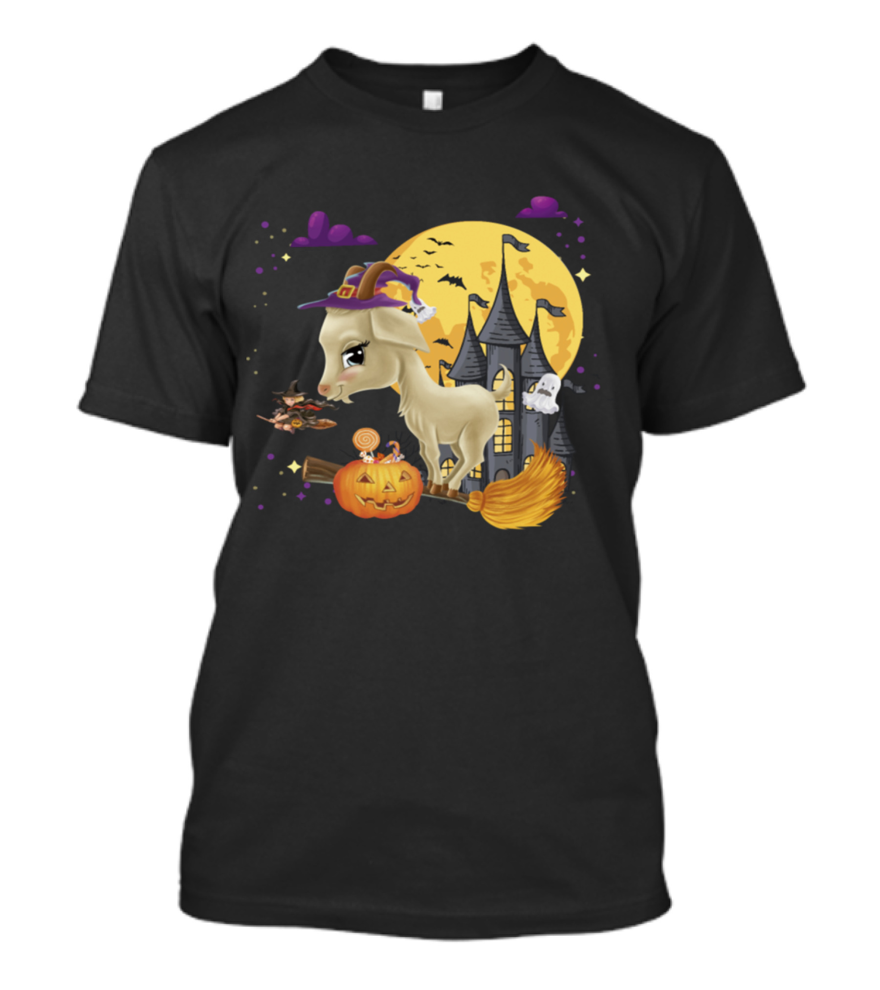 Goat Witch On Broom With Pumpkin And Haunted Castle Halloween Costume Scene T-Shirt