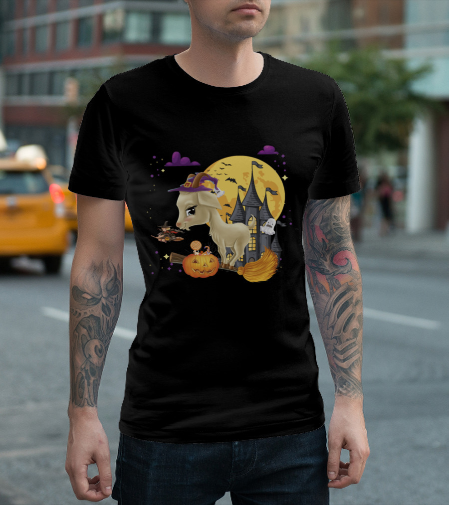 Goat Witch On Broom With Pumpkin And Haunted Castle Halloween Costume Scene T-Shirt