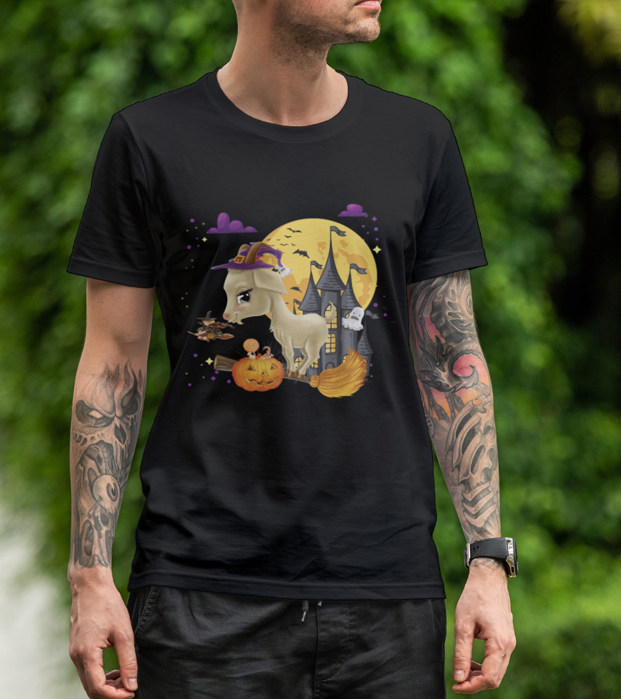 Goat Witch On Broom With Pumpkin And Haunted Castle Halloween Costume Scene T-Shirt