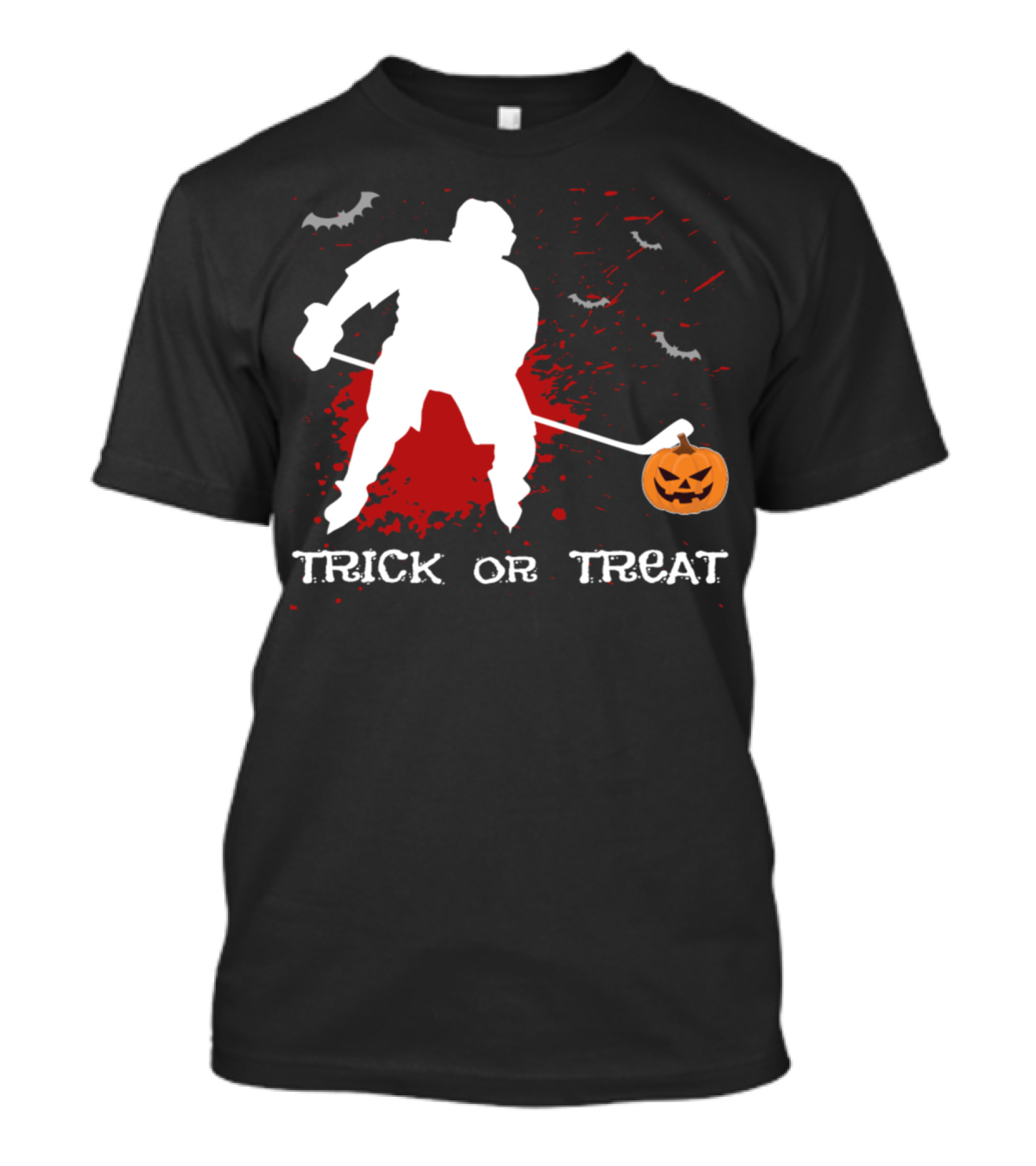 Trick Or Treat Ice Hockey Player Pumpkin Blood Bat Party Costume T-Shirt