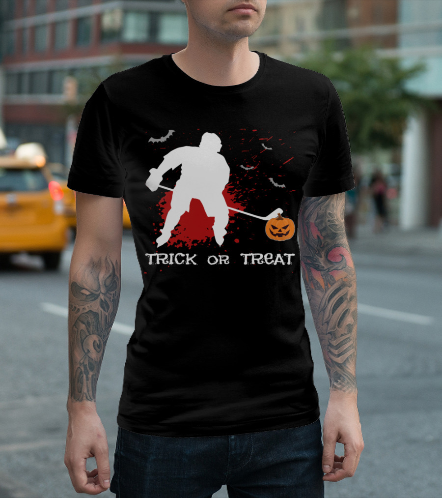 Trick Or Treat Ice Hockey Player Pumpkin Blood Bat Party Costume T-Shirt
