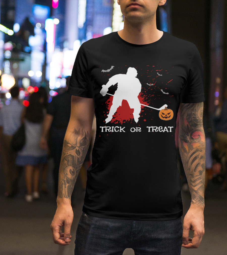 Trick Or Treat Ice Hockey Player Pumpkin Blood Bat Party Costume T-Shirt