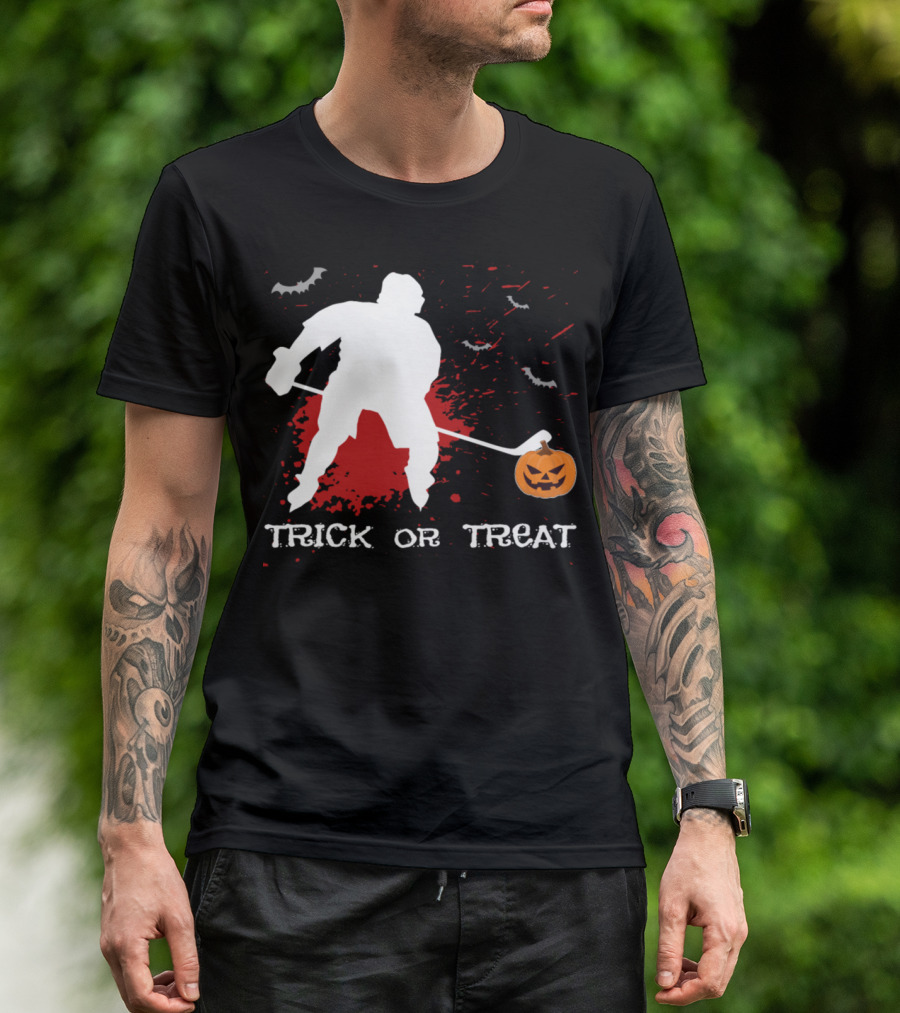 Trick Or Treat Ice Hockey Player Pumpkin Blood Bat Party Costume T-Shirt