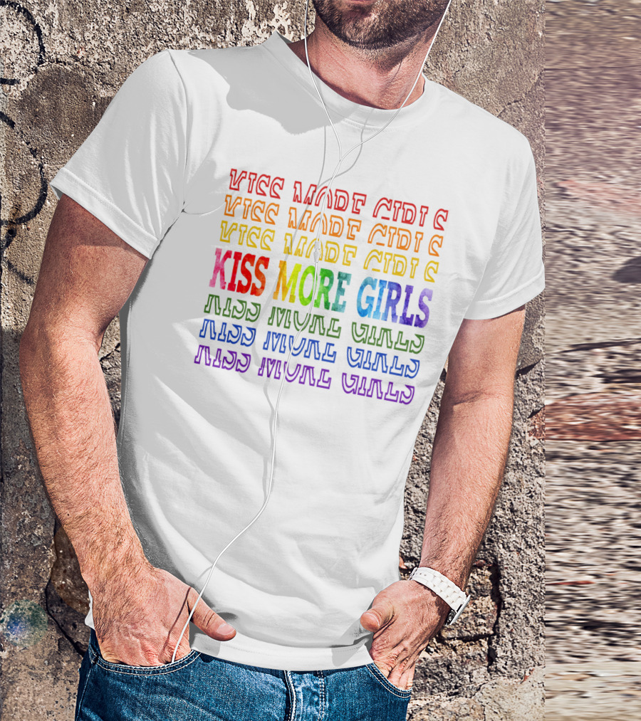 Kiss More Girls Rainbow Pride Repeated Text T-Shirt