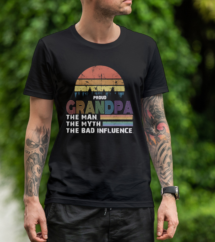 Proud Grandpa The Man The Myth The Bad Influence Vintage Sunset Stripe T-Shirt