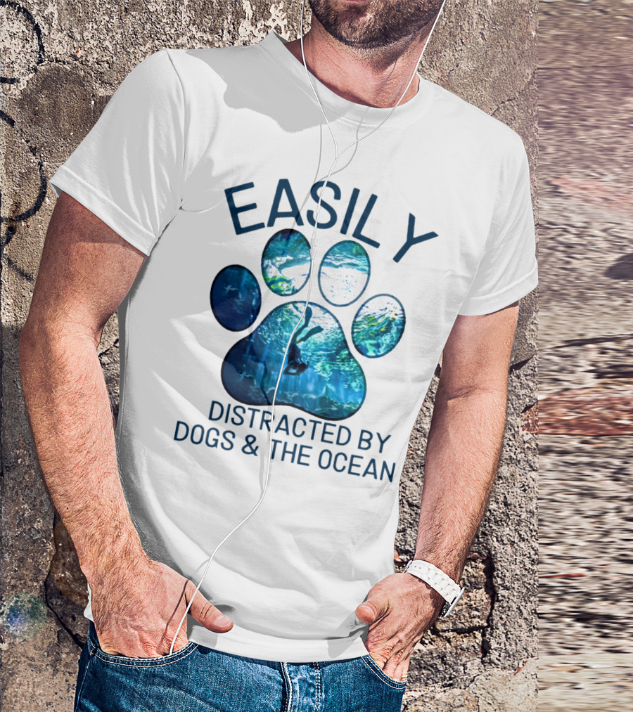 Easily Distracted By Dogs And The Ocean With Aquarium Pawprint T-Shirt