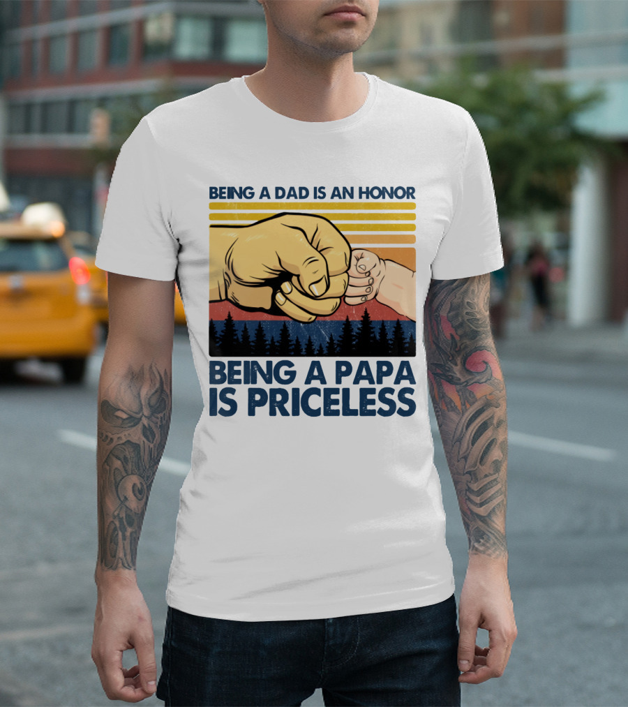 Being a Dad Is an Honor Being a Papa Is Priceless Fist Bump Sunset Forest Motif T-Shirt