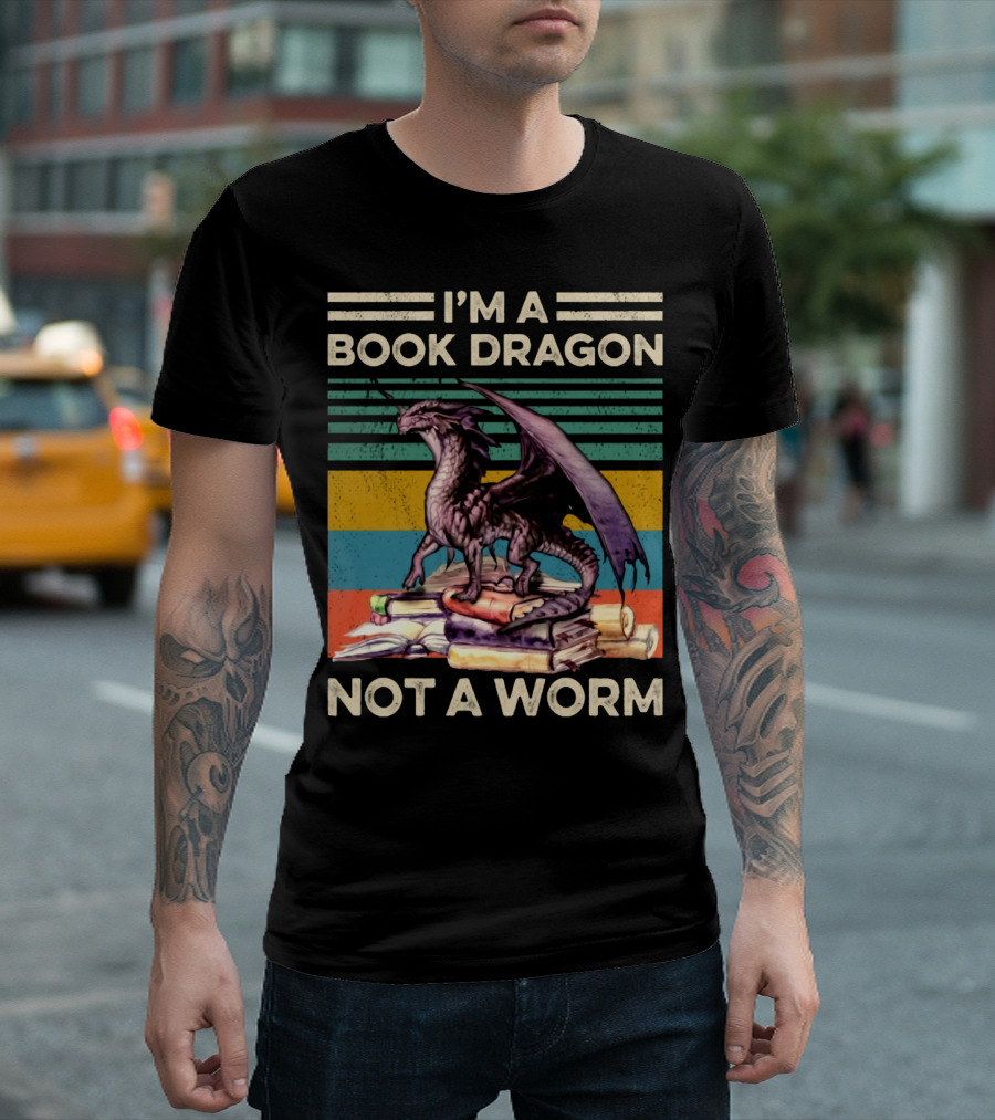 I'm A Book Dragon Not A Worm Stacked Books Retro Stripes T-Shirt