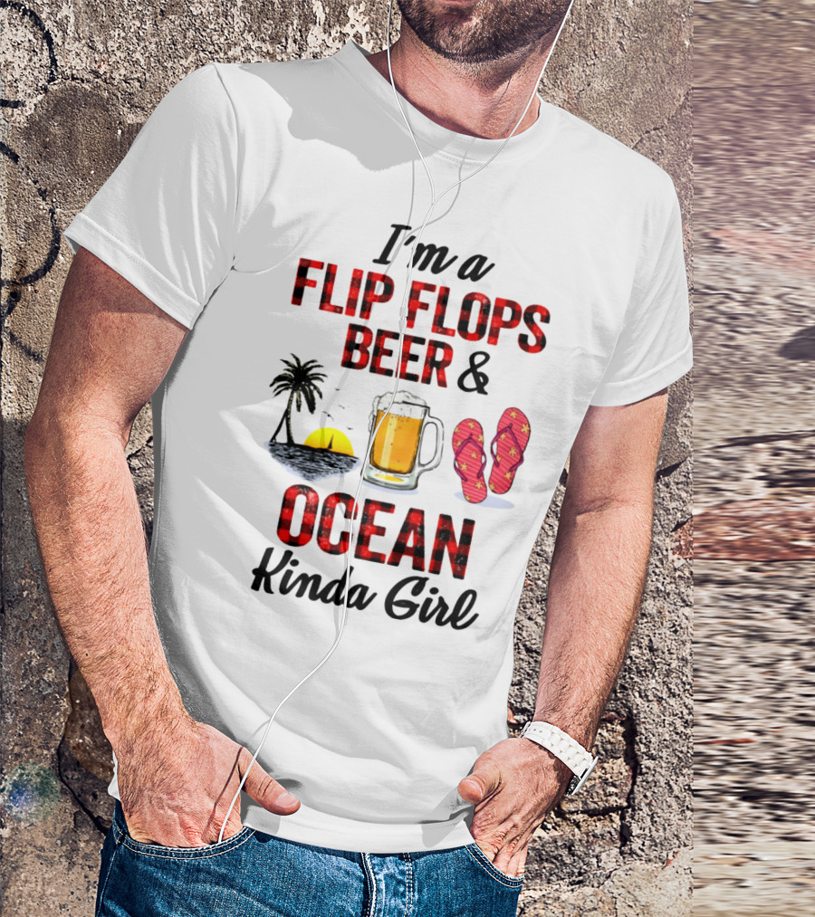 I'm A Flip Flops Beer Ocean Kinda Girl Palm Tree Sunset Red T-Shirt