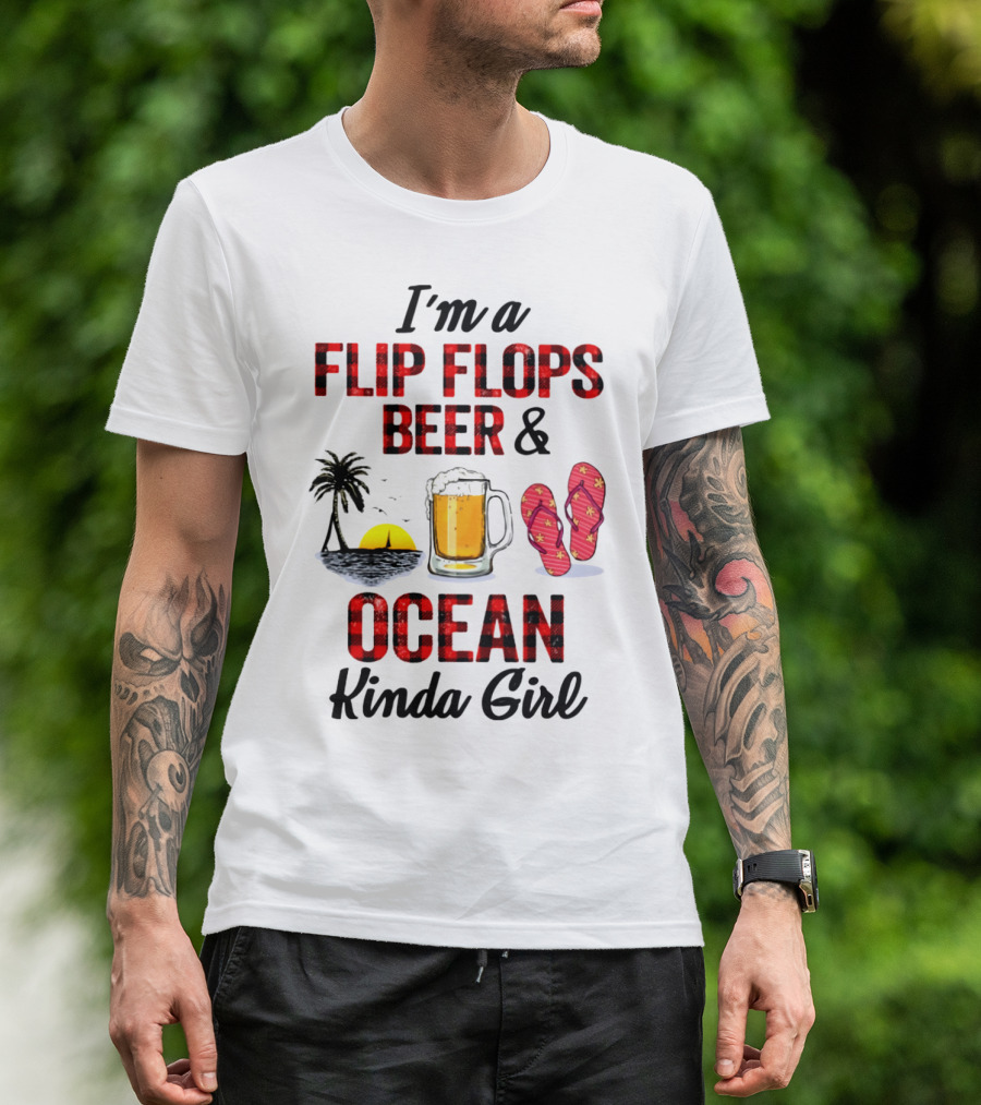 I'm A Flip Flops Beer Ocean Kinda Girl Palm Tree Sunset Red T-Shirt