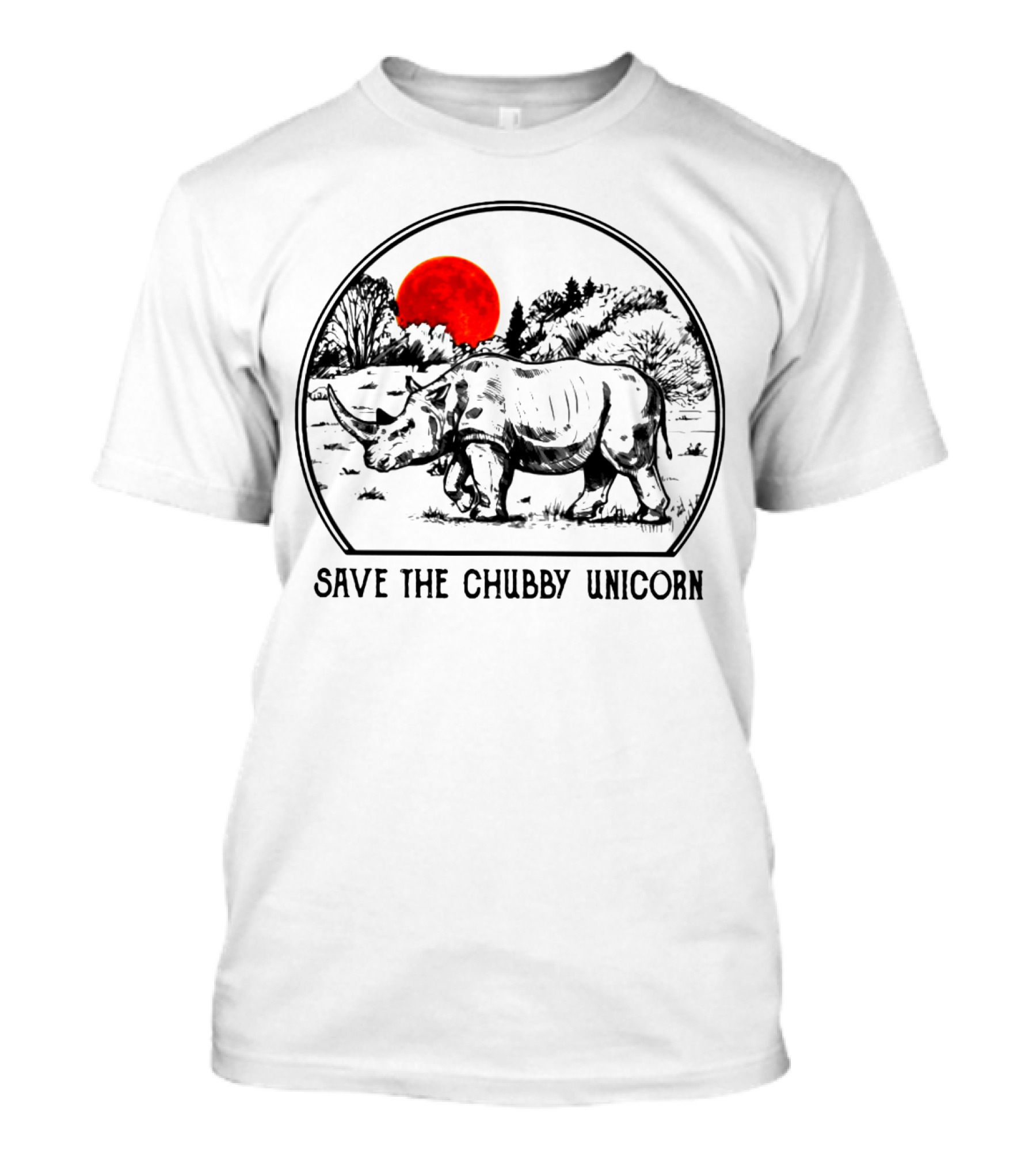 Save The Chubby Unicorn Rhino Illustration With Red Sun And Landscape T-Shirt