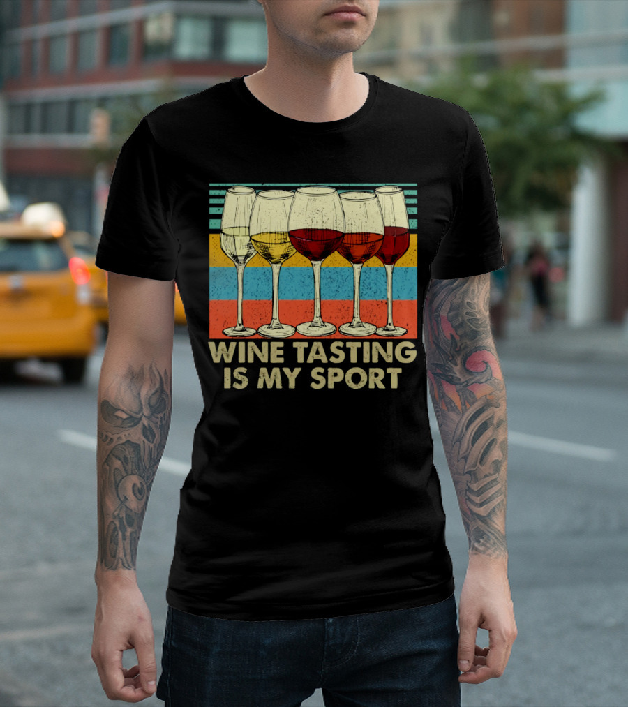 Wine Tasting Is My Sport Retro Wine Glasses on Colorful Stripes T-Shirt