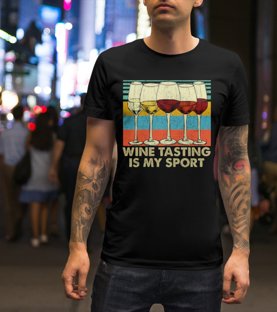 Wine Tasting Is My Sport Retro Wine Glasses On Colorful Stripes T-Shirt