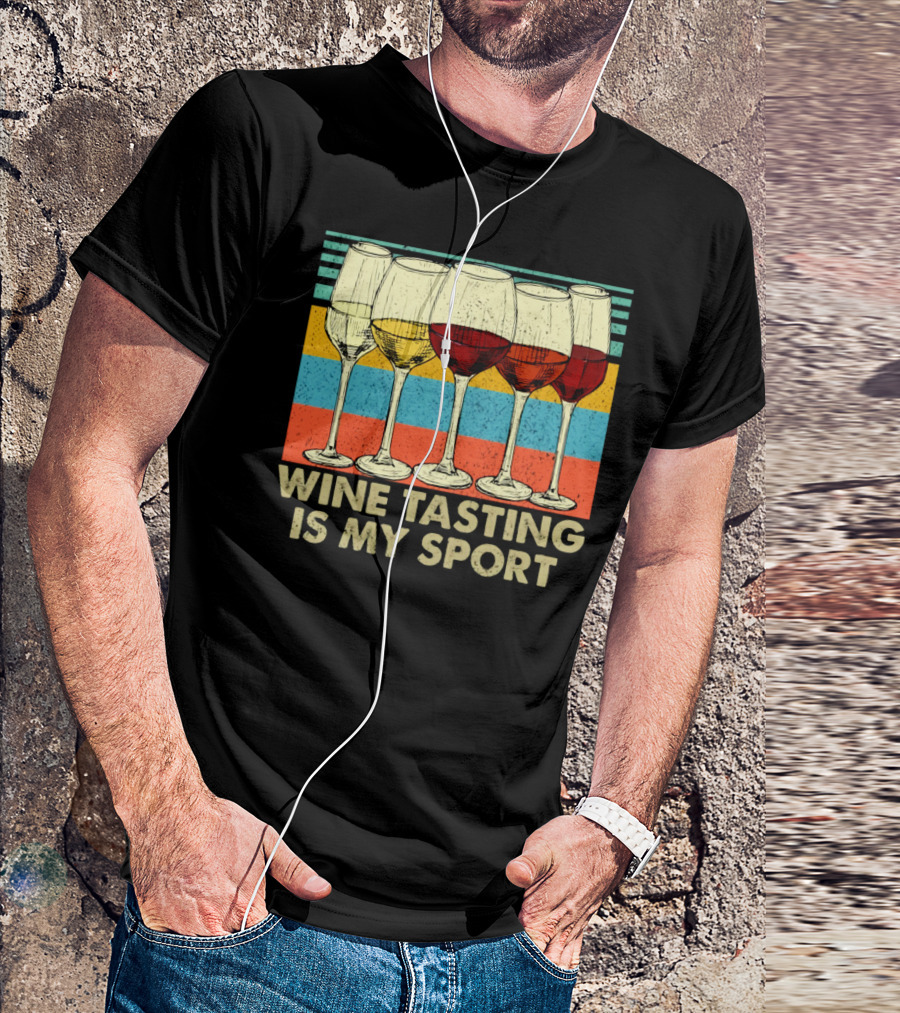 Wine Tasting Is My Sport Retro Wine Glasses On Colorful Stripes T-Shirt