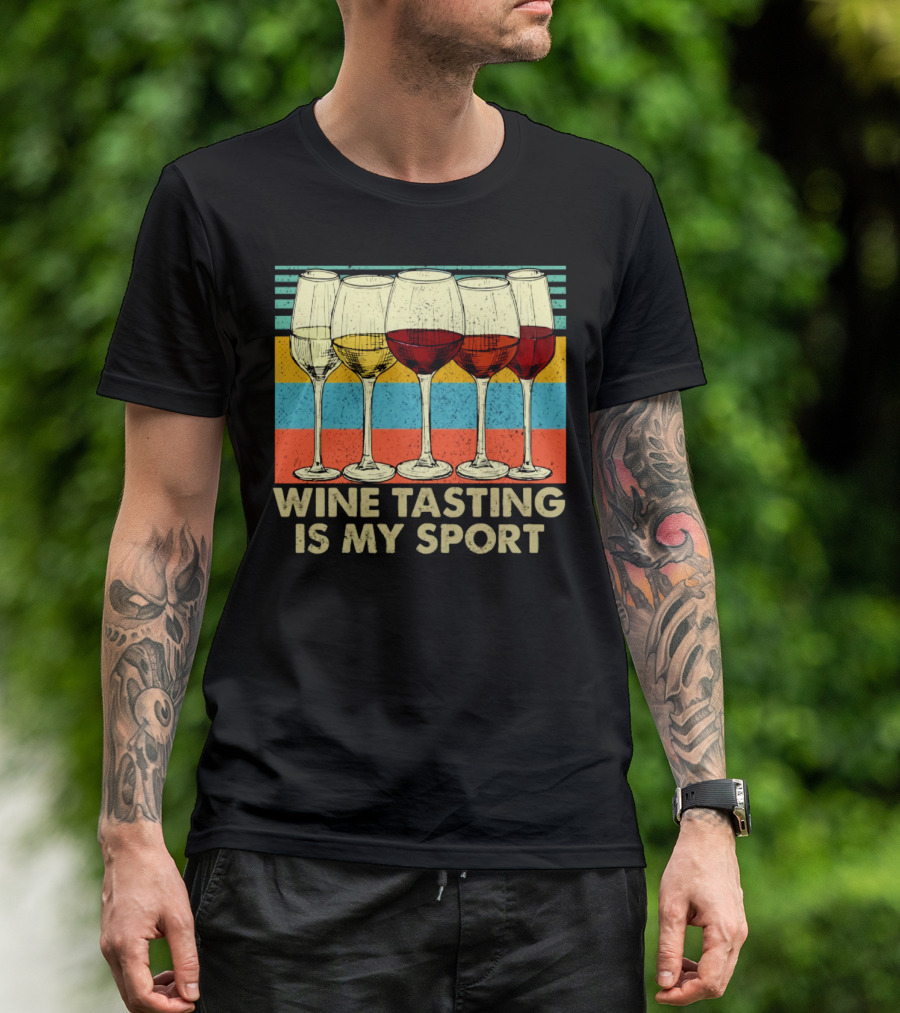 Wine Tasting Is My Sport Retro Wine Glasses On Colorful Stripes T-Shirt