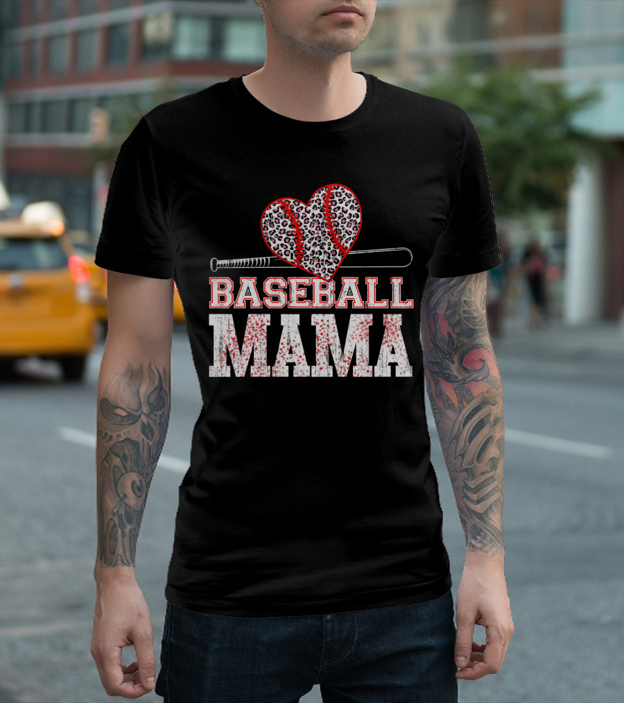 Baseball Mama Leopard Heart Bat T-Shirt