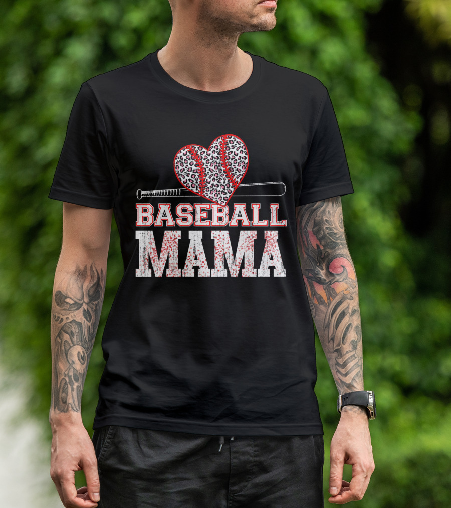 Baseball Mama Leopard Heart Bat T-Shirt