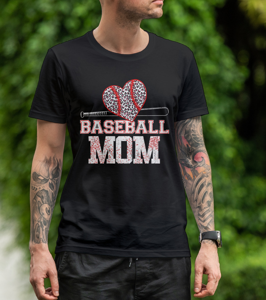 Baseball Mom Heart Leopard Print T-Shirt