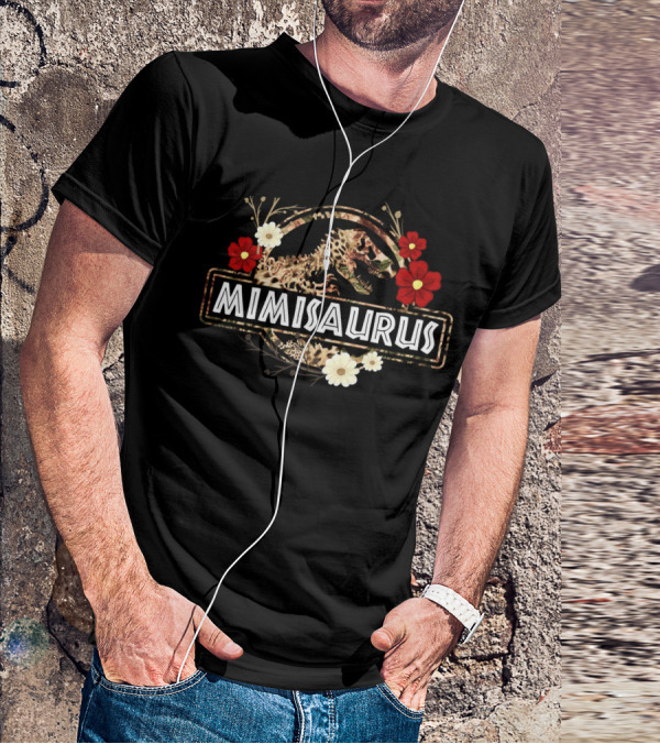 Mimisaurus Dinosaur Floral Design With Red And White Flowers T-Shirt