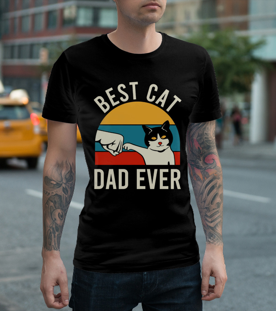 Best Cat Dad Ever Vintage Retro Cat Fist Bump Sunburst T-Shirt