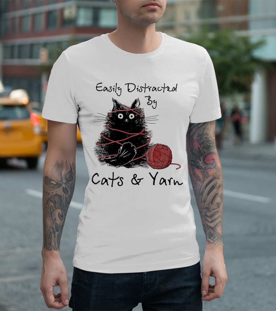 Easily Distracted By Cats And Yarn With Playful Cat Wrapped In Red Yarn T-Shirt