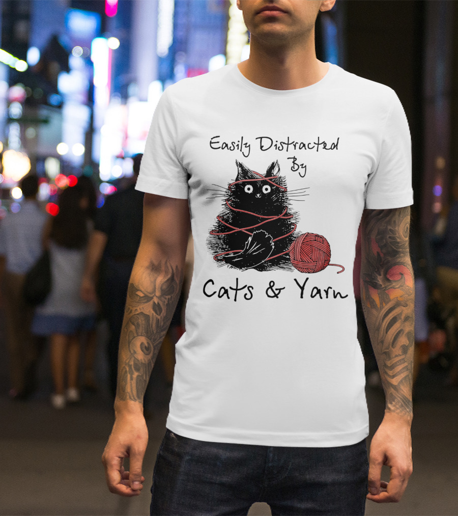 Easily Distracted By Cats And Yarn With Playful Cat Wrapped In Red Yarn T-Shirt