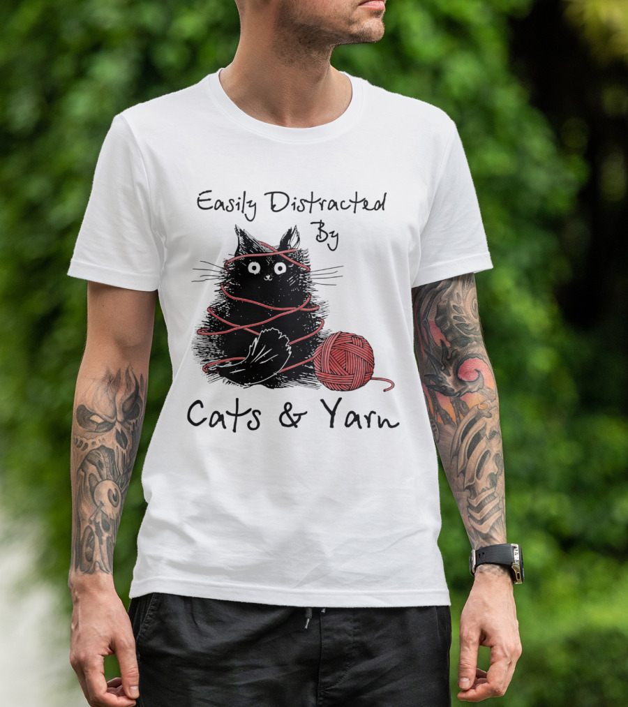 Easily Distracted By Cats And Yarn With Playful Cat Wrapped In Red Yarn T-Shirt