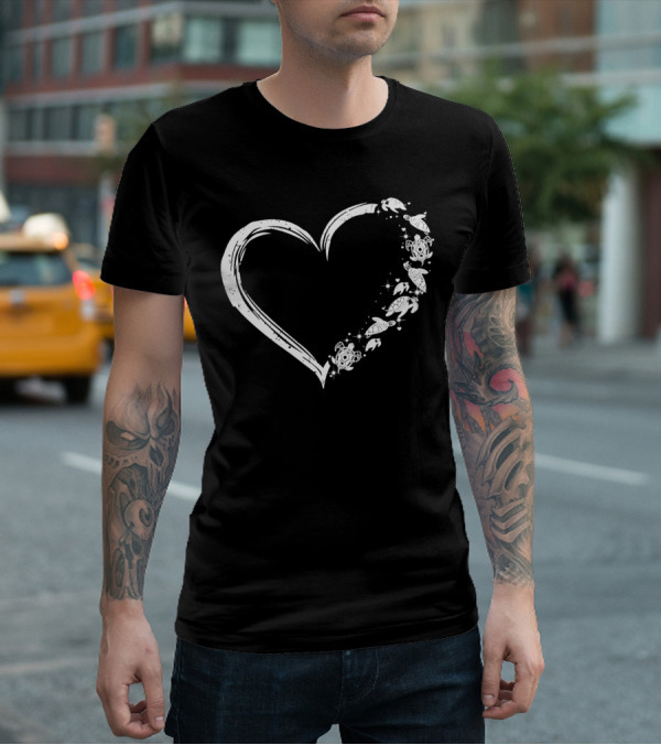 Turtle Heart Sketch Heart Shape With Sea Turtles And Stars T-Shirt