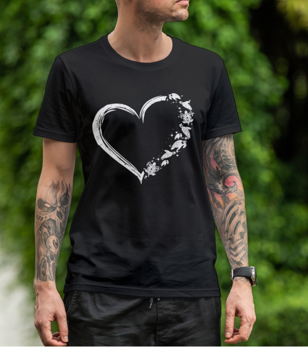 Turtle Heart Sketch Heart Shape With Sea Turtles And Stars T-Shirt