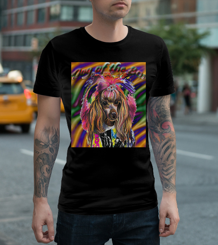 Vibrant 80s Dog with Colorful Fashion T-Shirt