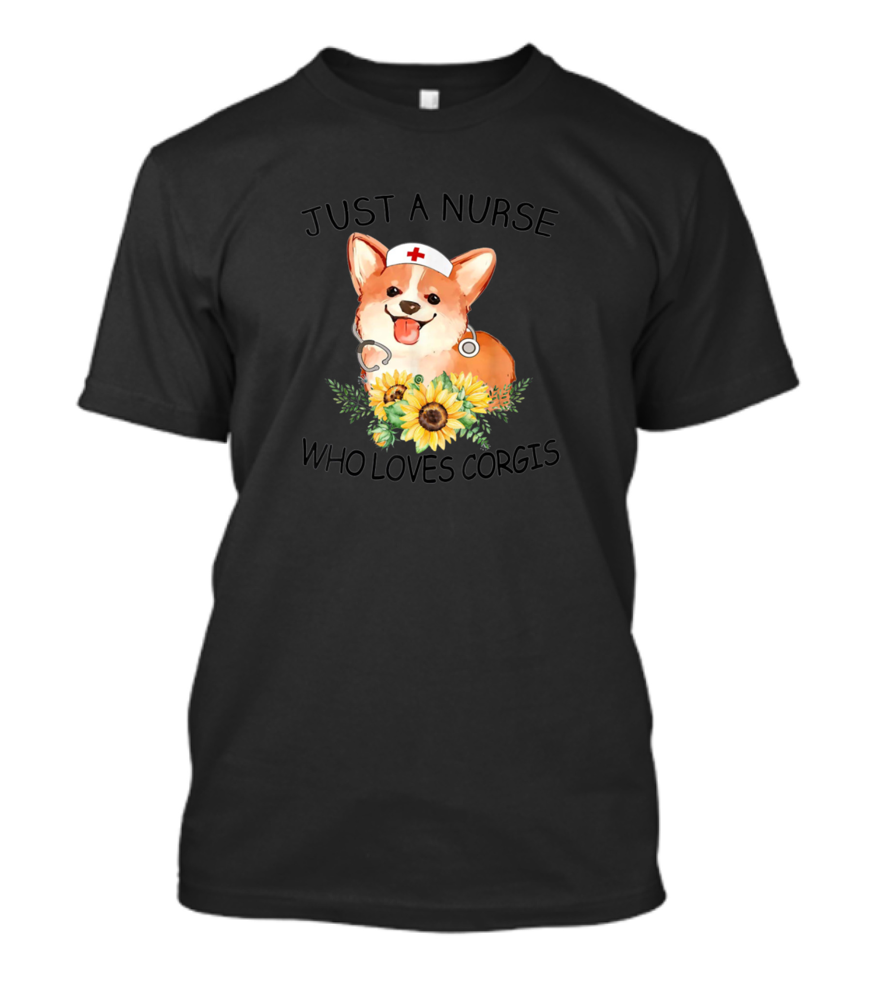 Nurse Loves Corgis With Cute Dog, Stethoscope, Nurse Hat, And Sunflowers T-Shirt