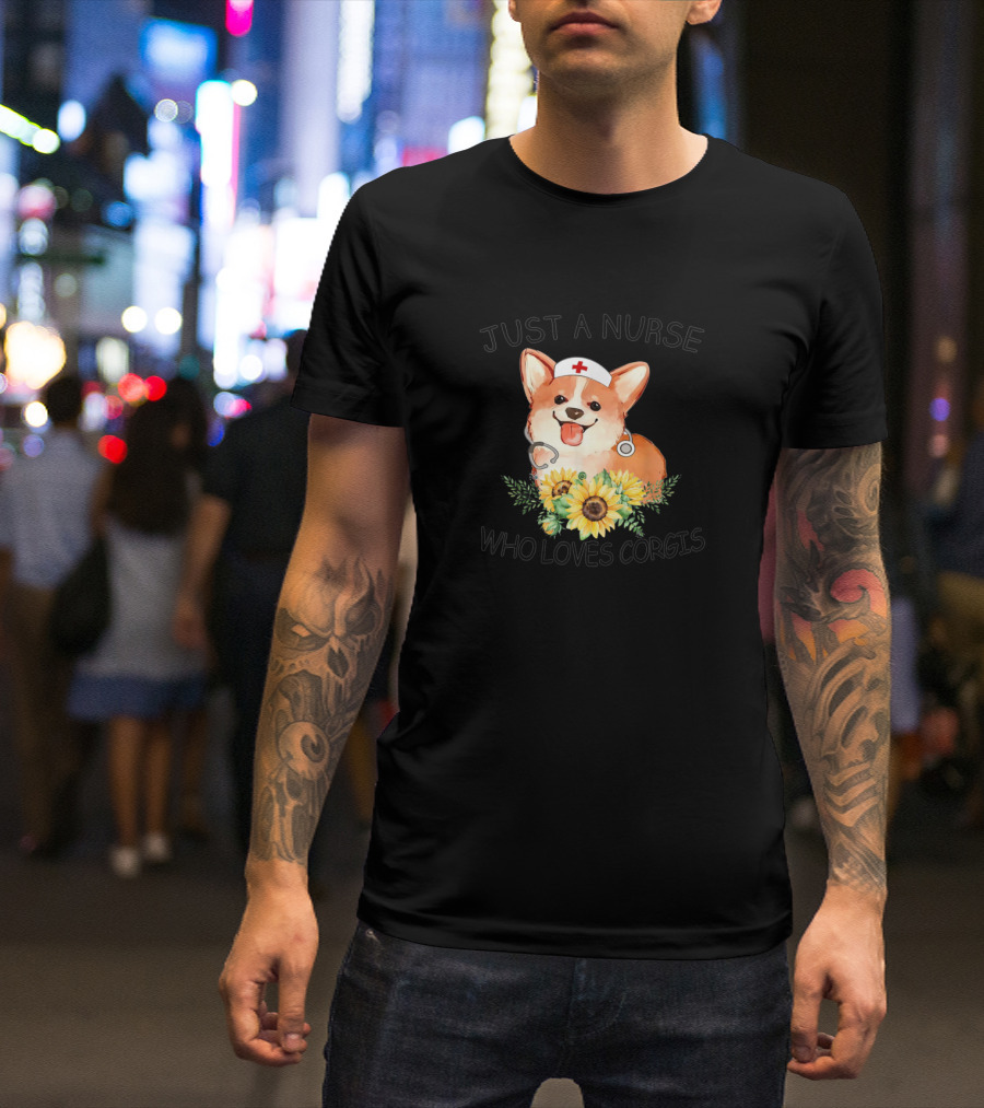 Nurse Loves Corgis With Cute Dog, Stethoscope, Nurse Hat, And Sunflowers T-Shirt