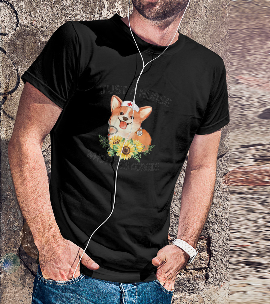 Nurse Loves Corgis With Cute Dog, Stethoscope, Nurse Hat, And Sunflowers T-Shirt