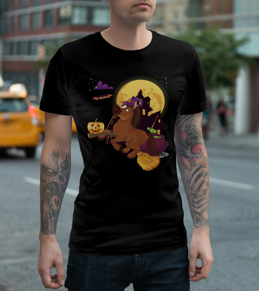 Witchy Arabian Horse Riding Broomstick with Pumpkin and Halloween Moon T-Shirt