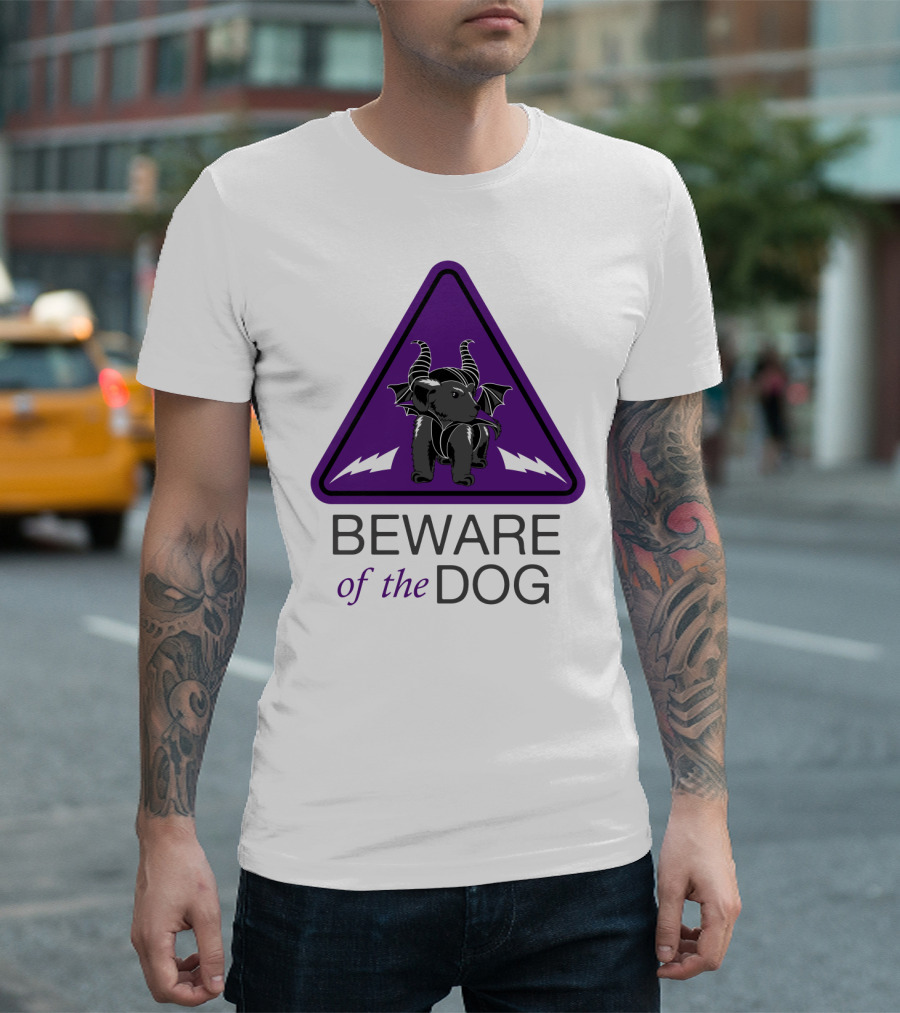 Beware of the Dog with Horns and Bat Wings Inside Purple Triangle T-Shirt