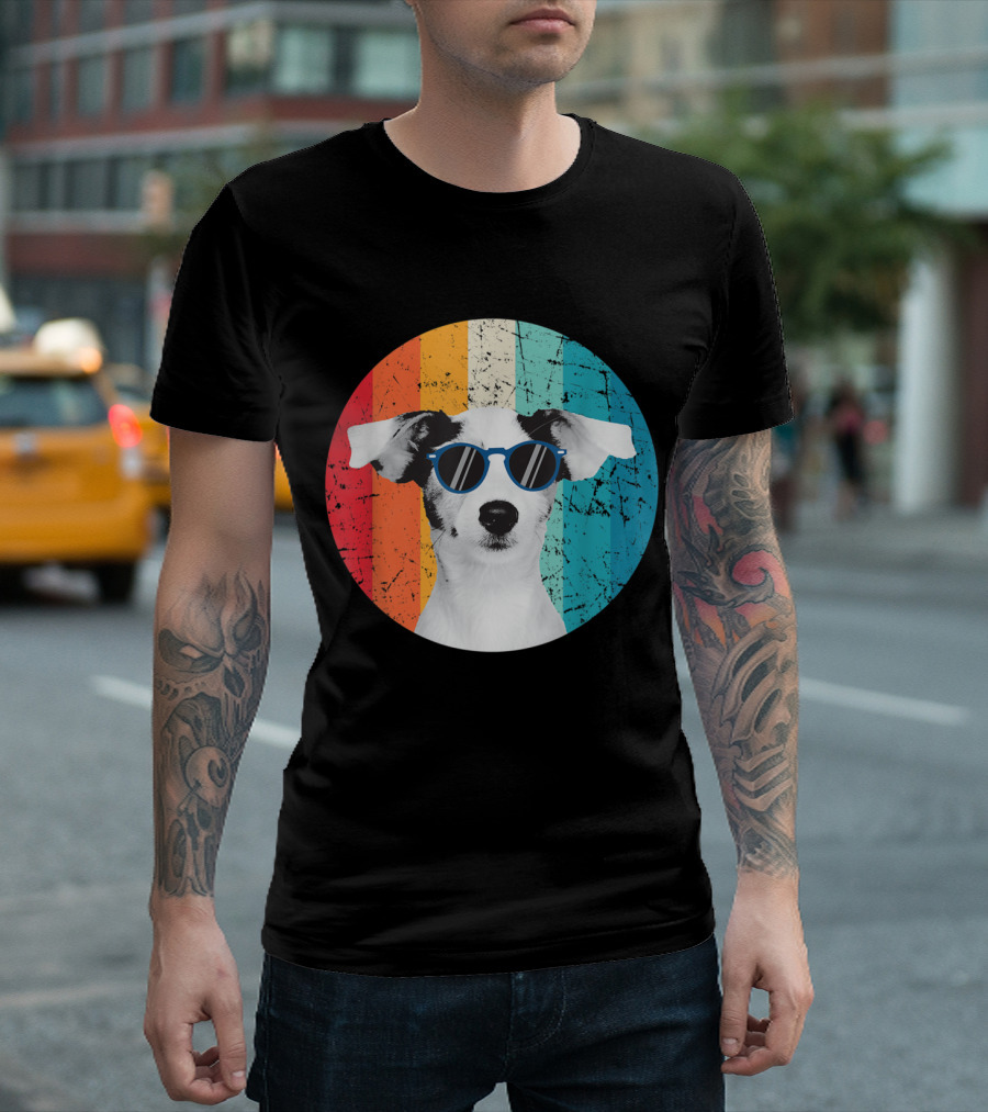 Vintage Jack Russell Dog With Sunglasses Retro Rainbow Circle Background T-Shirt