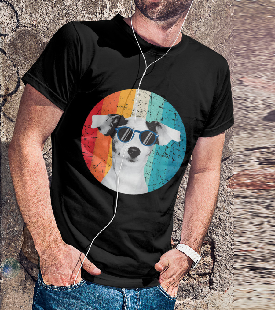 Vintage Jack Russell Dog With Sunglasses Retro Rainbow Circle Background T-Shirt