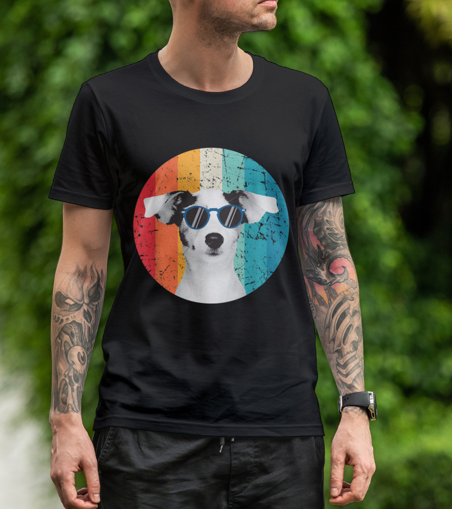 Vintage Jack Russell Dog With Sunglasses Retro Rainbow Circle Background T-Shirt