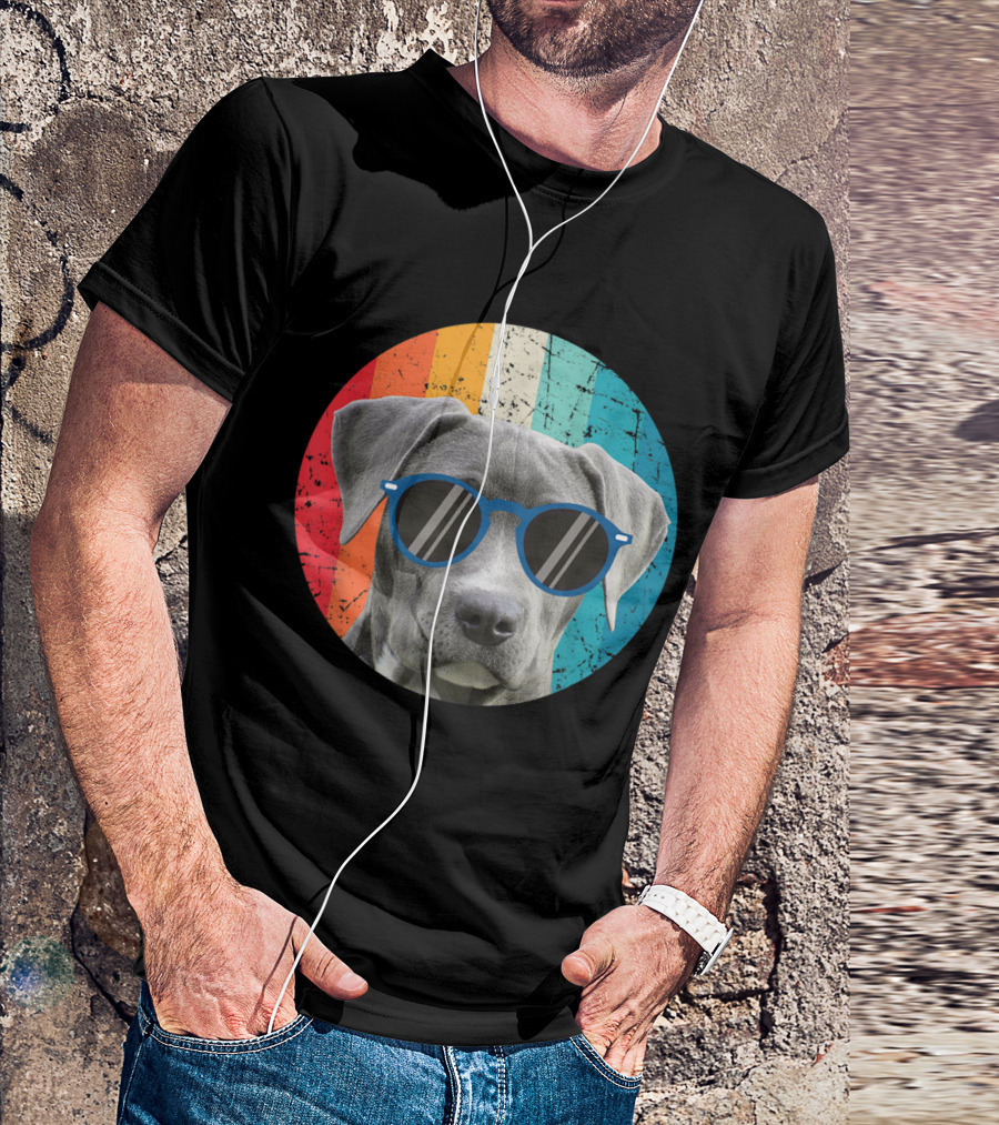 Vintage Weimaraner Dog With Sunglasses On Retro Striped Circle Background T-Shirt