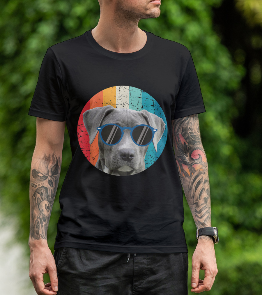Vintage Weimaraner Dog With Sunglasses On Retro Striped Circle Background T-Shirt
