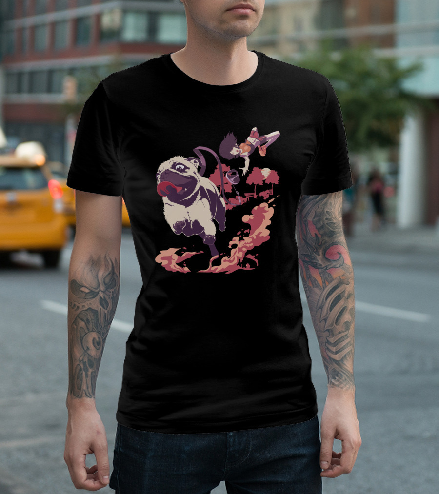 PUGTASTROPHE Park Adventure with Running Pug and Surprised Bystander T-Shirt