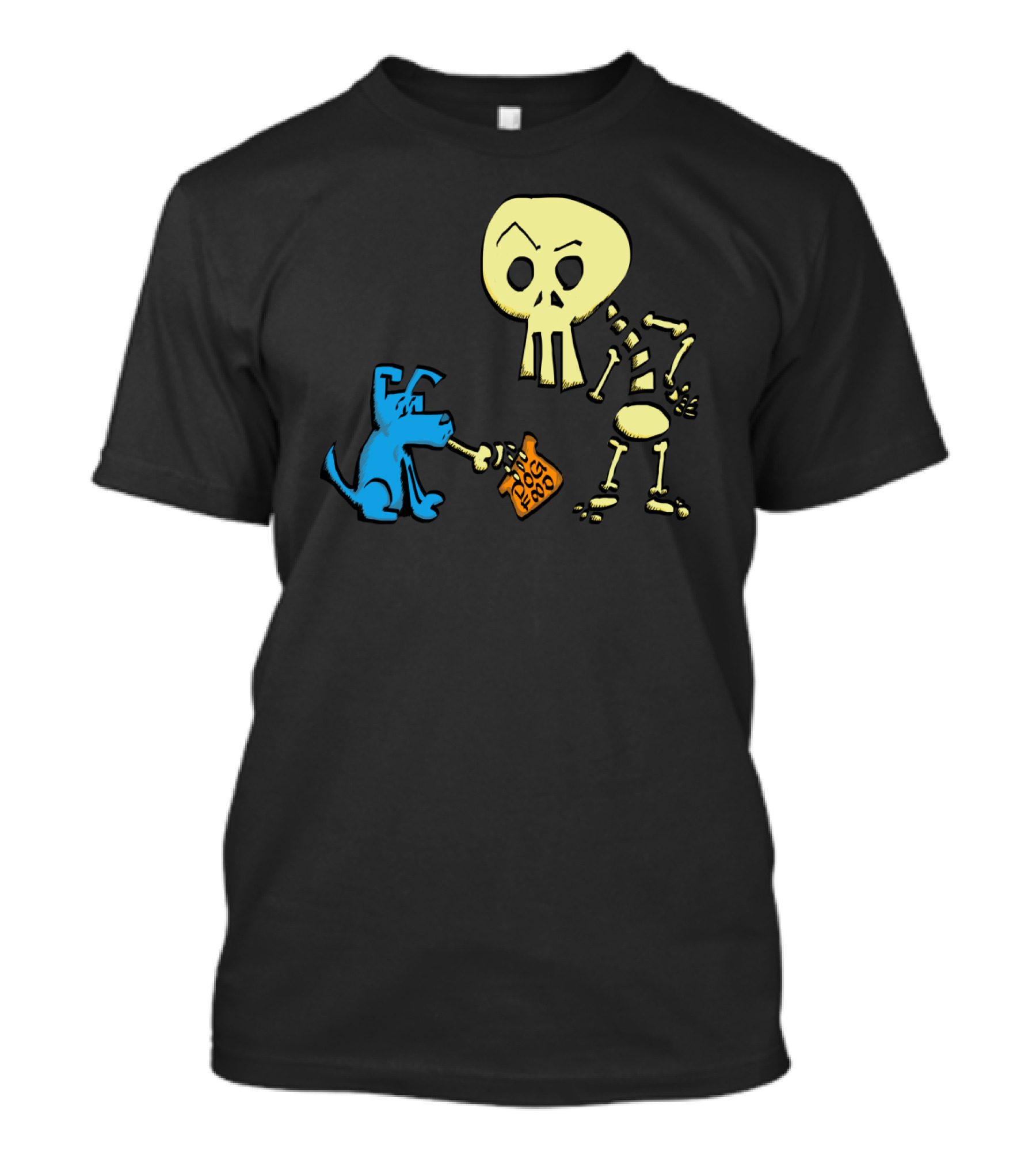 Blue And Bones Holding Fetch Dog Food With Blue Dog And Skeleton Cartoon T-Shirt