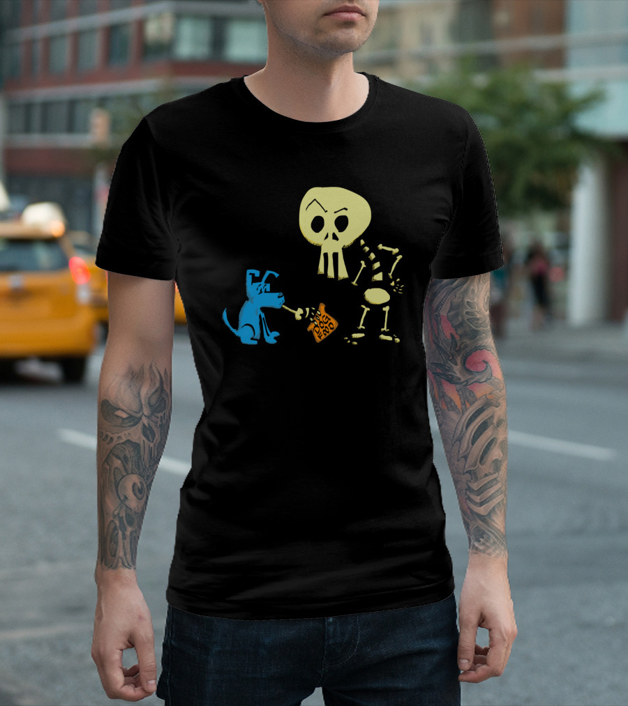 Blue And Bones Holding Fetch Dog Food With Blue Dog And Skeleton Cartoon T-Shirt
